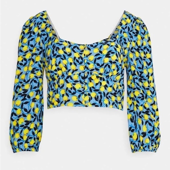 Diane Von Furstenberg Dover Cropped Lemon Print Crepe Top in Blue Size 4 NWT! - Picture 1 of 12